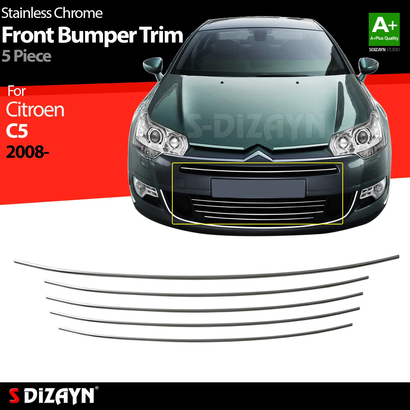 S Dizayn For Citroen C5 Chrome Front Bumper Trim Stainless Steel 5 Pcs Exterior Car Accessories Parts Auto Products Stickers