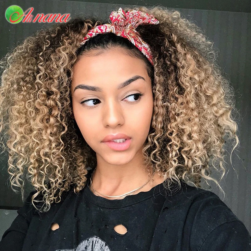 Headband Wig #1B/27 Spiral Curly Beginner Friendly Glueless Scarf Remy Human Hair Wigs For Women Peruvian Blonde Kinky Curly