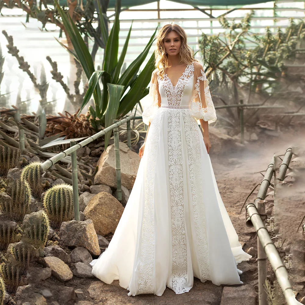 Vestido de encaje recortado, traje nupcial de playa medio obispo, mangas esponjosas con cuello en V, línea A personalizada, botones de tul transparente, para fiesta de boda