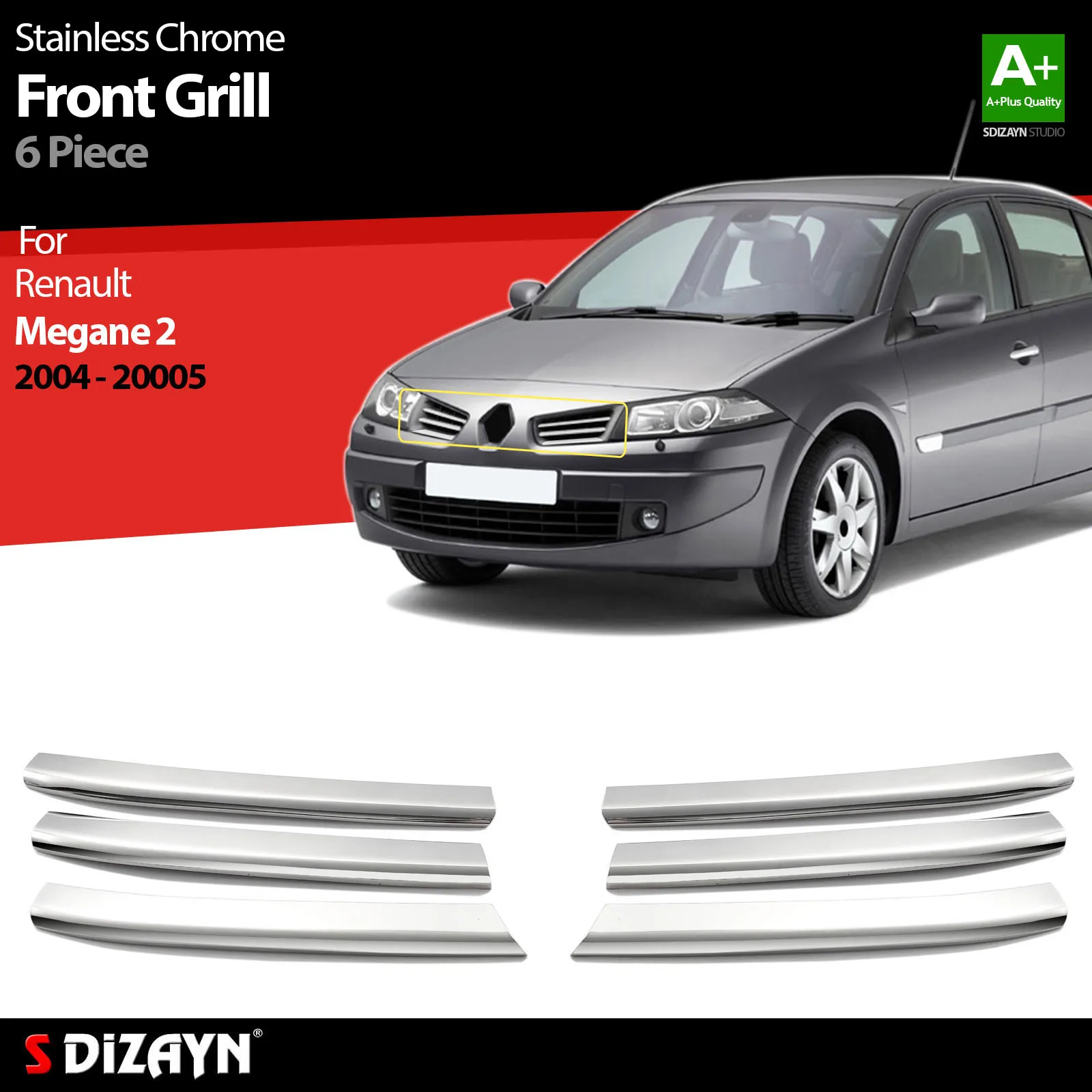 

S Dizayn For Renault Megane 2 Chrome Front Grill Stainless Steel 6 Pcs Exterior Car Accessories Parts Auto Products