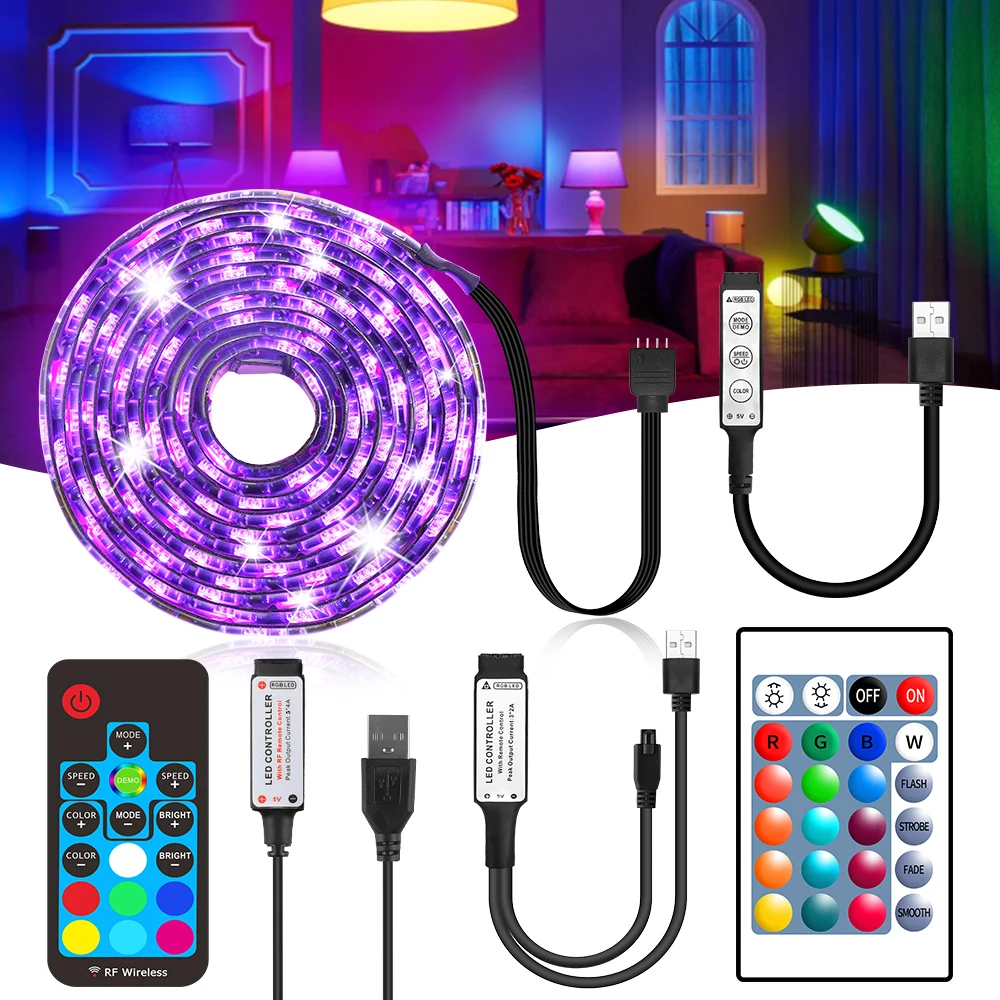 5050 SMD DC 5V USB LED Strip Light RGB USB Charger Led Light Ribbon Decor Lamp 0.5M 1M 2M 17Key/24Key Remote Mini 3key Control