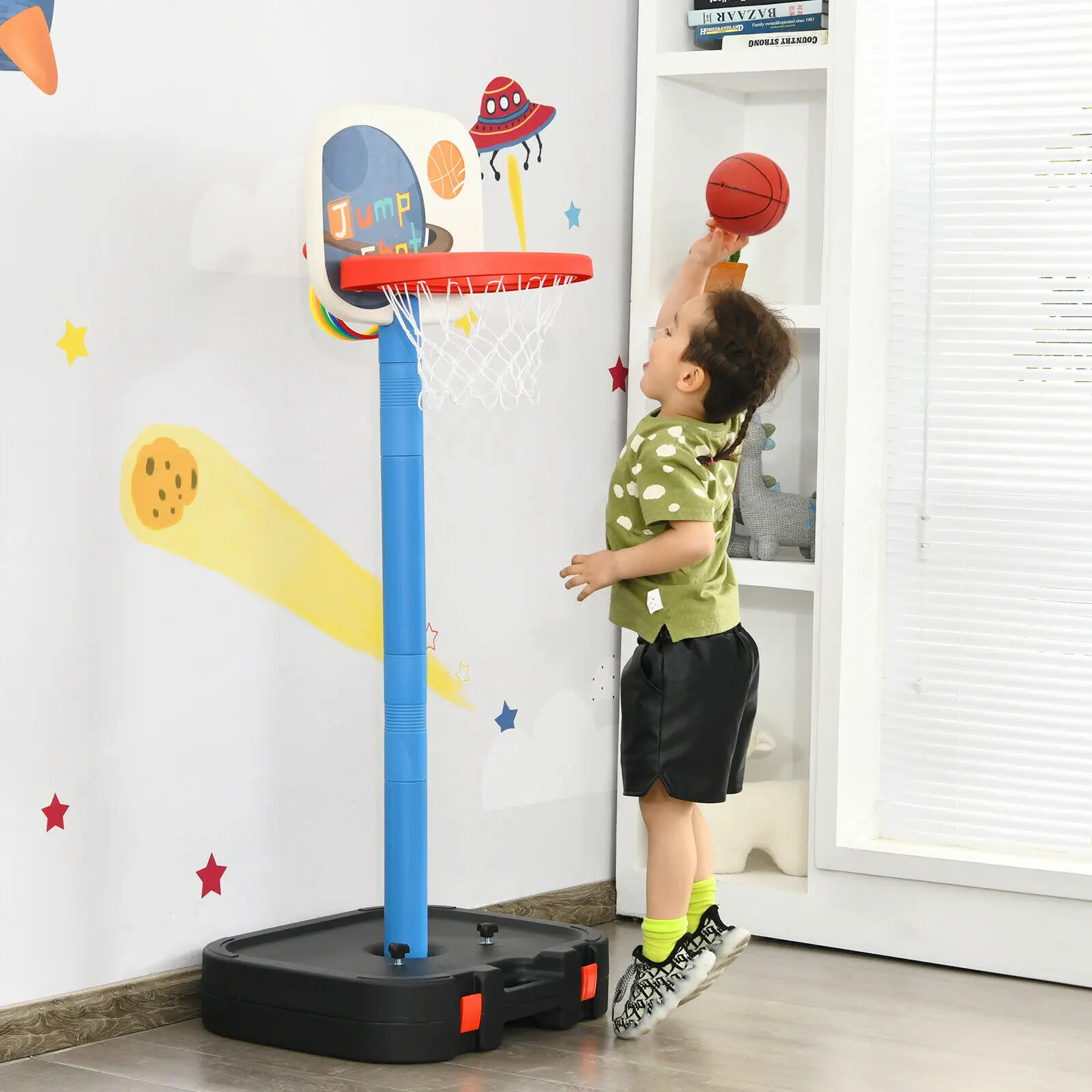 Honeyjoy Portable 2 in 1 Kids Basketball Hoop Stand w/ Ring Toss & Storage Box  SP37548