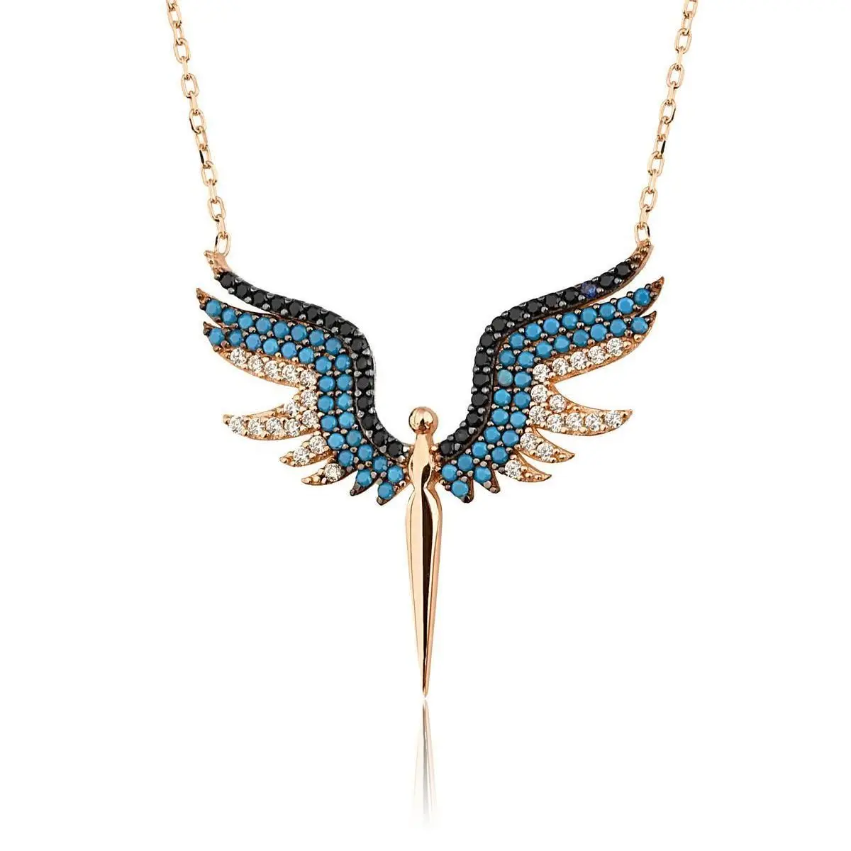 Women's Angel Model 925 Sterling Silver Necklace With Zircon Stone Stylish and High Quality Design Women's Necklace Blue and Bro