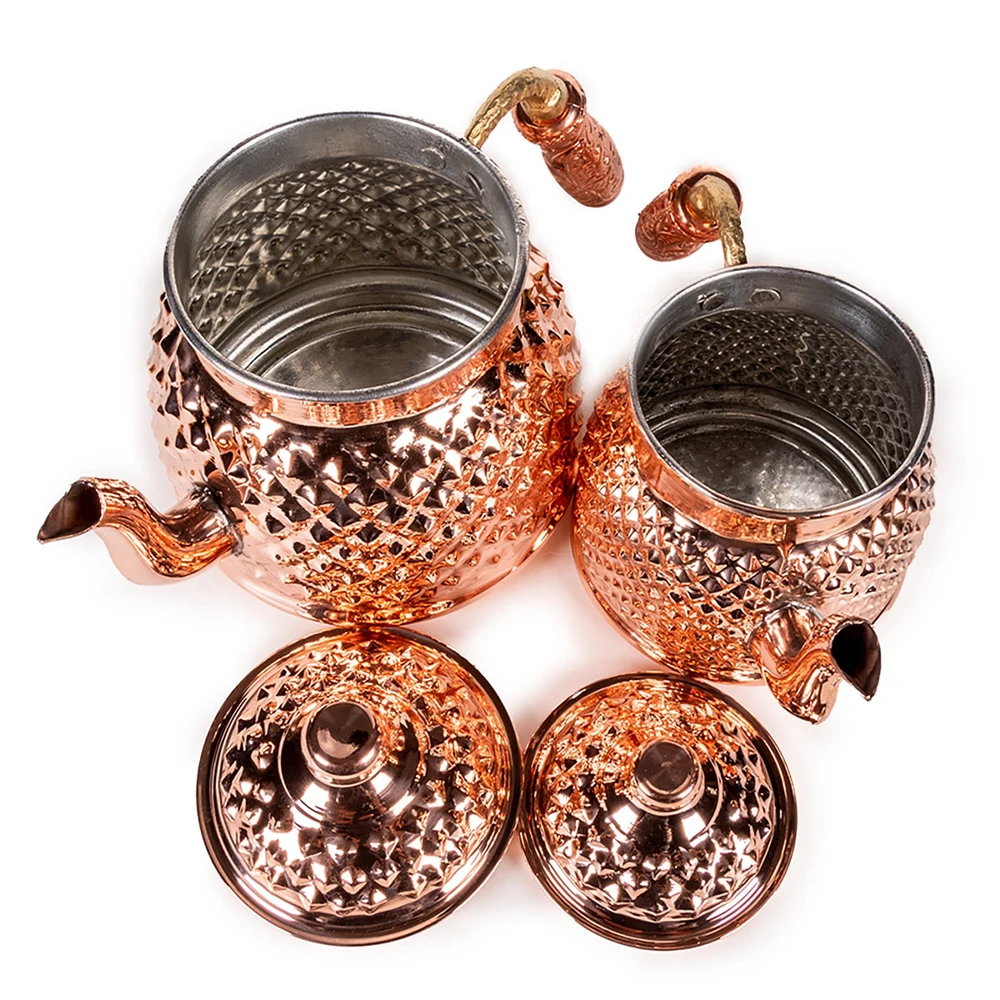 Pyramid Patterned Copper Tea Pot Set,  Special Pyramid Design, Set of 2 Teapots with Lids, Handle Zamak, Tumbled Pattern Turkish