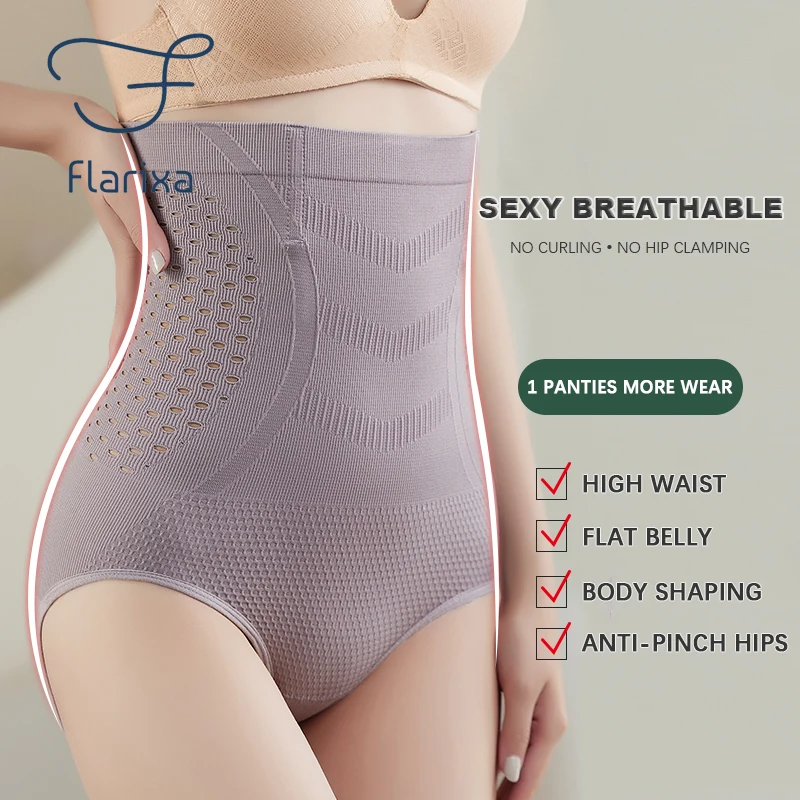 Flarixa High Waist Flat Belly Panties Seamless Women\'s Panties Sexy Hollow Breathable Underwear Comfort Cotton Briefs Shaper