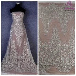 La Belleza 2024 fashion bridal lace,Heavy beading lace fabric,silver beading wedding dress lace fabric 51'' width 1 yard