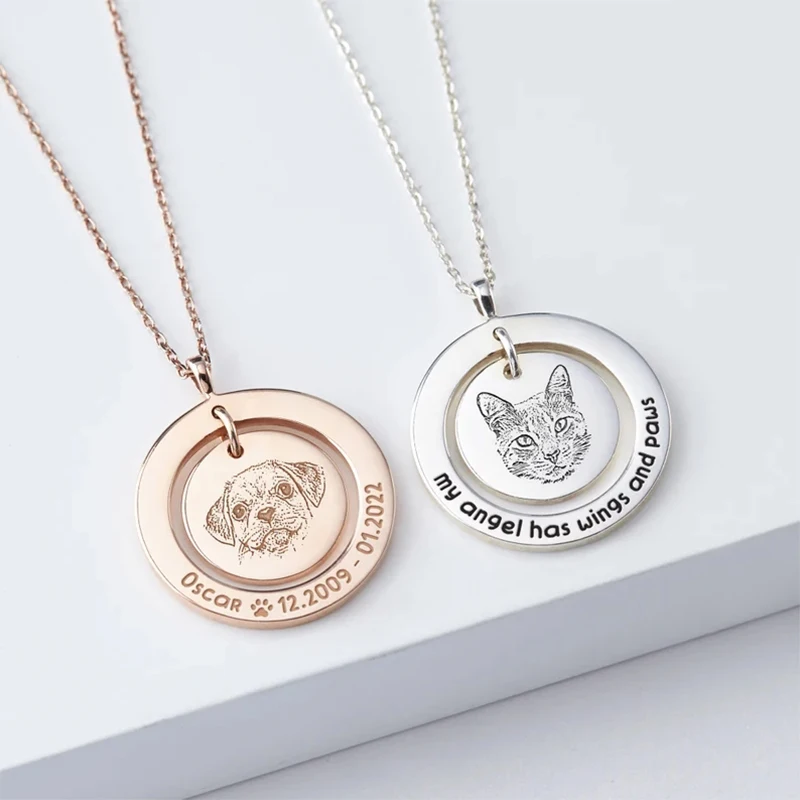 Custom Pet Portrait Necklace Dog Memorial Pendant Custom Name Photo Necklaces For Women Pet Lover Cat Gold Pets Jewelry Gift