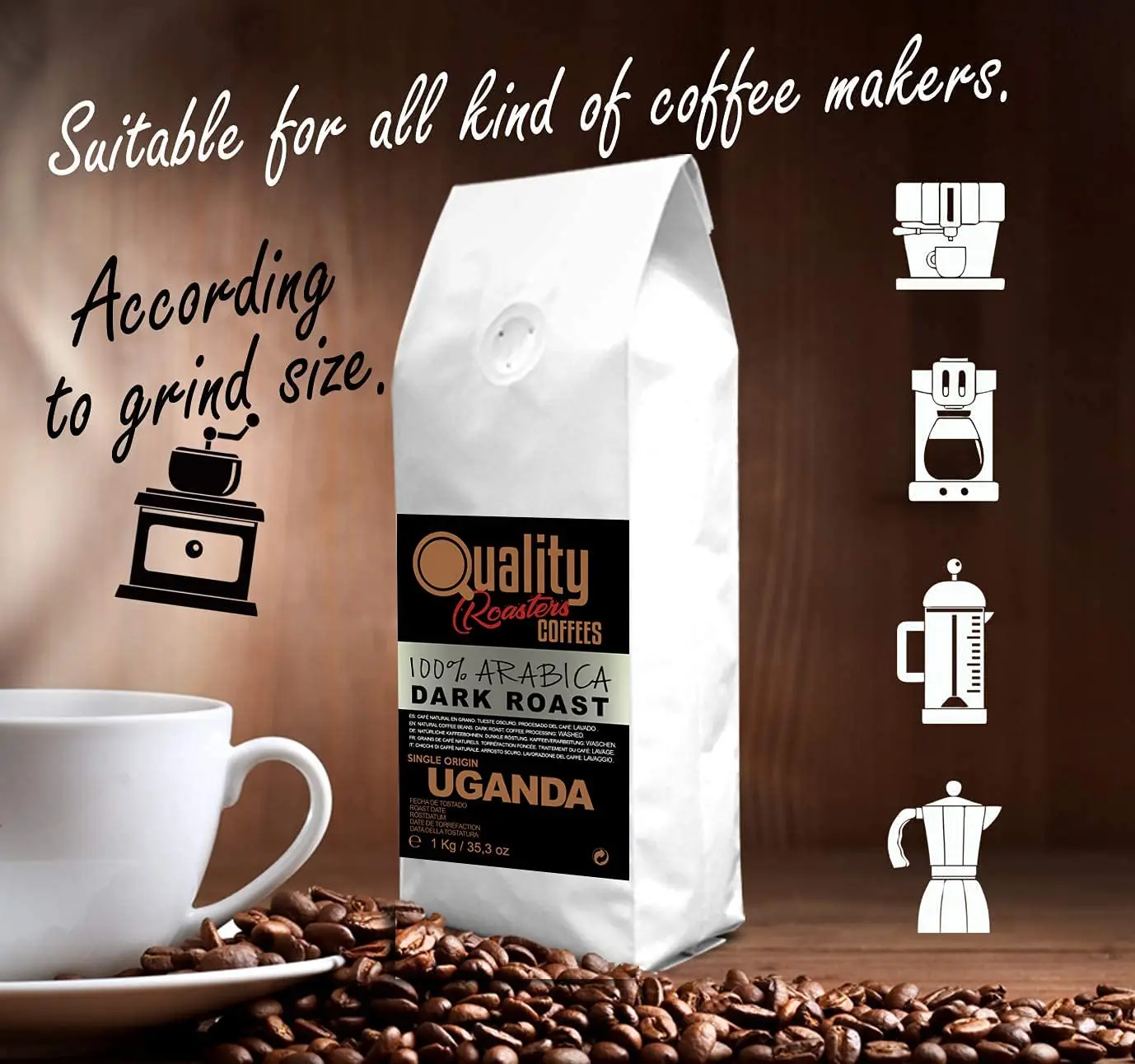 Café en grano natural. Dark Roast. 100% Arabica. Origen único Uganda, 1kg. Tostado artesanal. Tueste Oscuro.