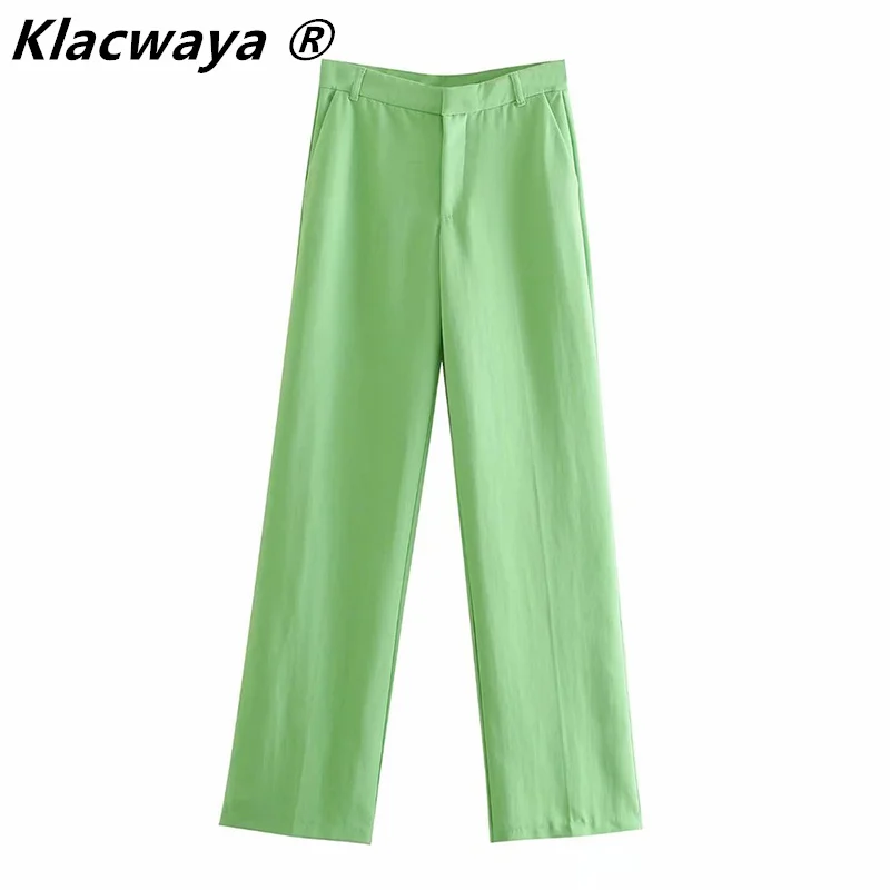 Klacwaya Women 2021 Blazer Two-Piece Set Vintage Green Office Lady Single Button Suit Fashion High Waist Wide leg Pants Suits