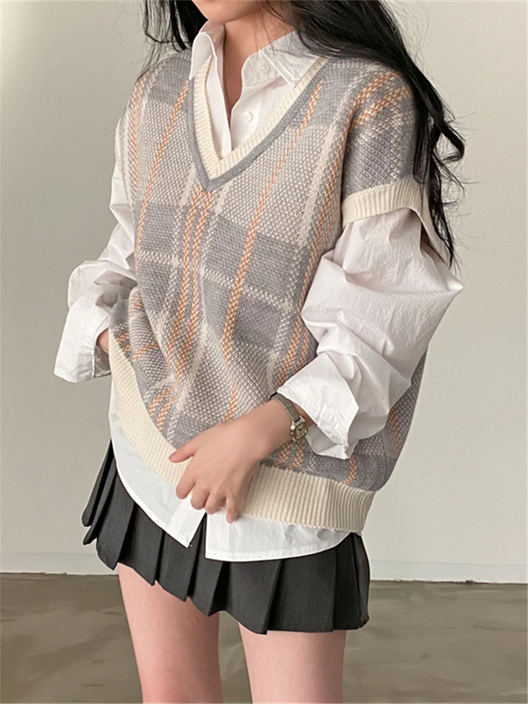 Colorfaith 2022 New Sleeveless Vest Waistcoat Checkered Oversized Winter Spring Women Sweaters Pullovers Knitwear Tops SWV18309