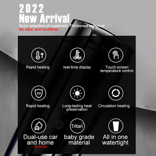 Imagen 2 del producto Taza calefactora portátil para coche E-ACE de 12V, pantalla táctil de acero inoxidable de 400ml, pantalla Digital, botella calentadora de agua, termo, hervidor de coche