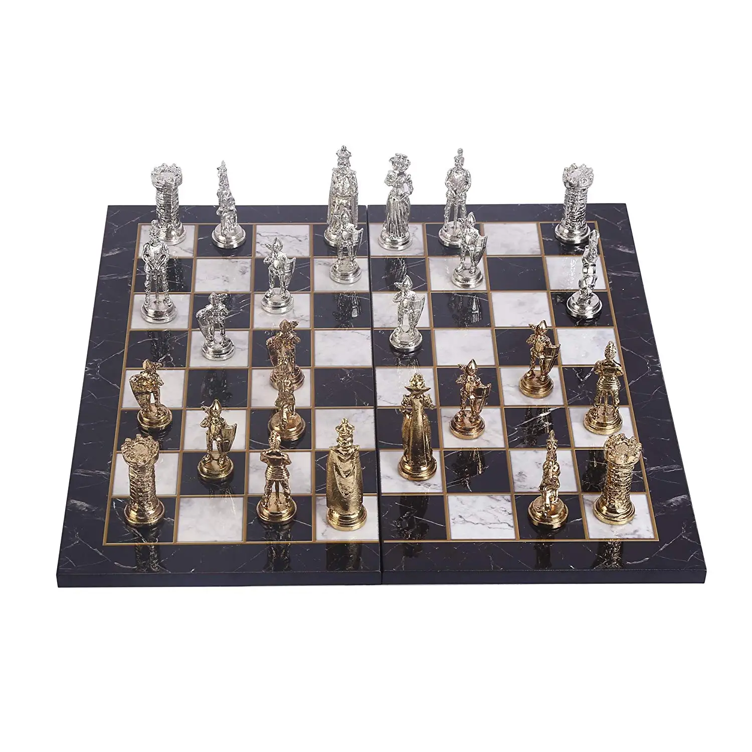 Medieval British Army Metal Chess Set for Adult,Handmade Pieces and Marble Design Wood Chess Board King 9 cm