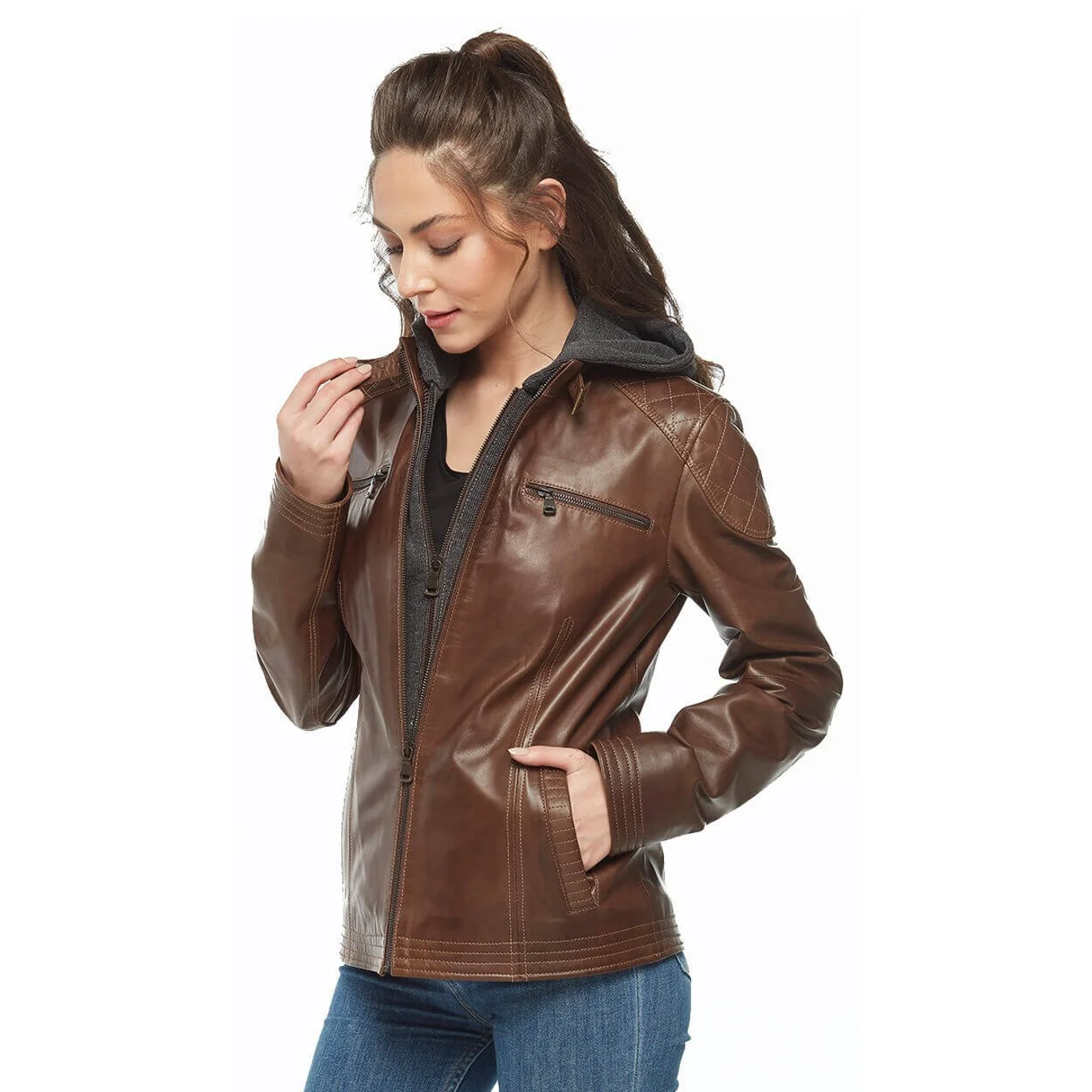 Genuine Leather Women 'S Jacket Coat Sheep Lamb Sheepskin Autumn Winter 2022 Thin Large Size Vintage Biker Coffee Hooded