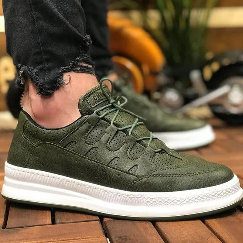 

Chekich Men's Casual Shoes Khaki Color Artificial Leather Spring Fall Season Green Fashion Breathable Wedding Formal Suits Office Flat Orthopedic Sewing and High Outsole White Base Walking Sneakers Odorless CH040 V3