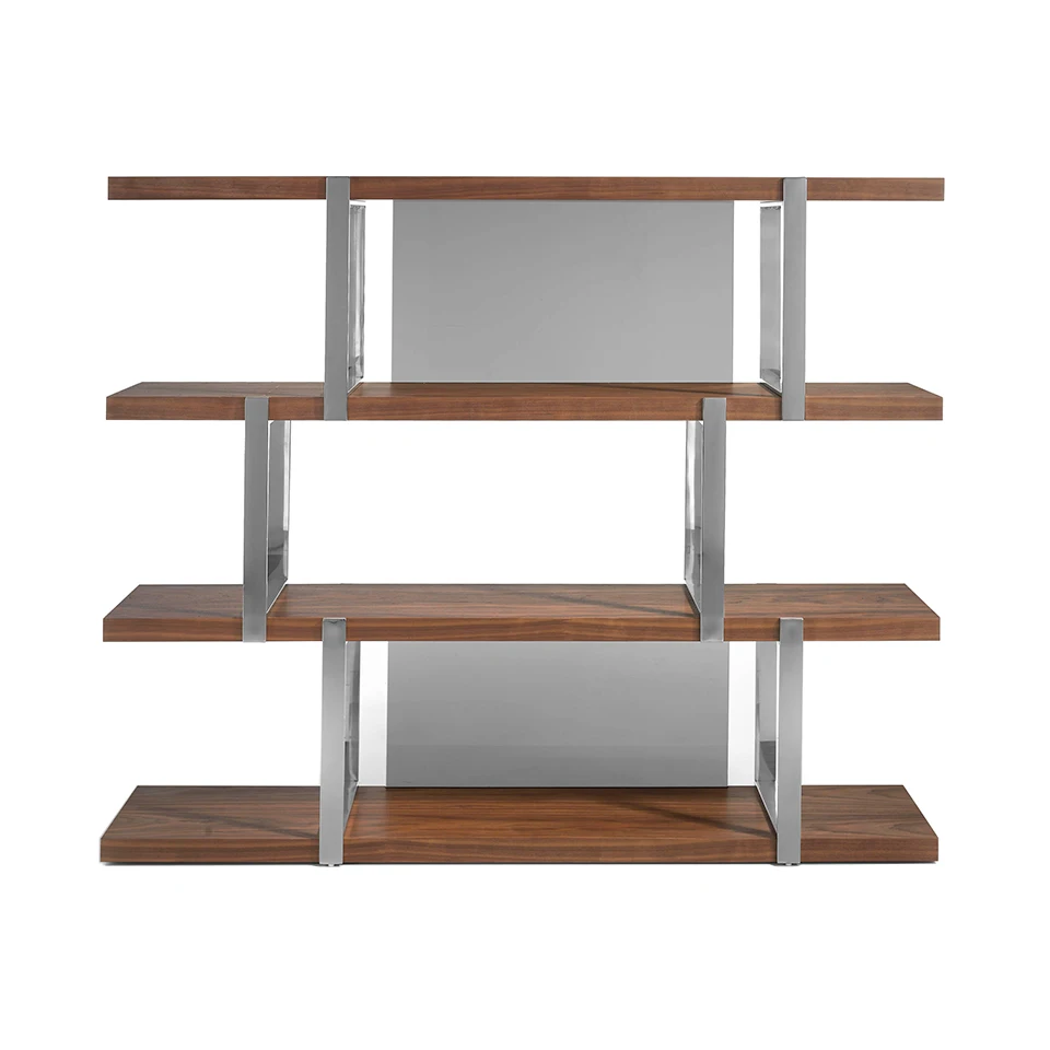 Shelf 3136 Angel Cerdá-shelf with walnut-plated wooden shelves and chrome stainless steel structure. Details in black translucent glass.