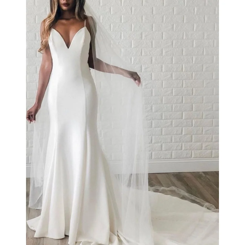 

11851# Plunging V Neck Soft Satin Boho Sexy Fitting Sleeveless Spaghetti Straps Wedding Dress With Bow Wedding Bridal Gown