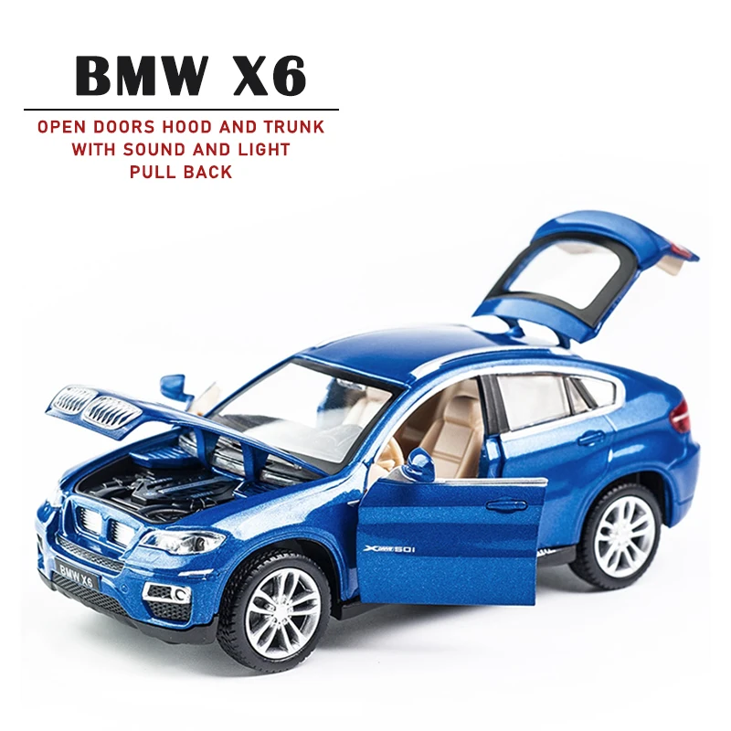 MSZ scala 1:32 Die Cast Car BMW X6 Model Pull Back 4 porte aperte con la collezione di luci sonore giocattoli per bambini ragazzi