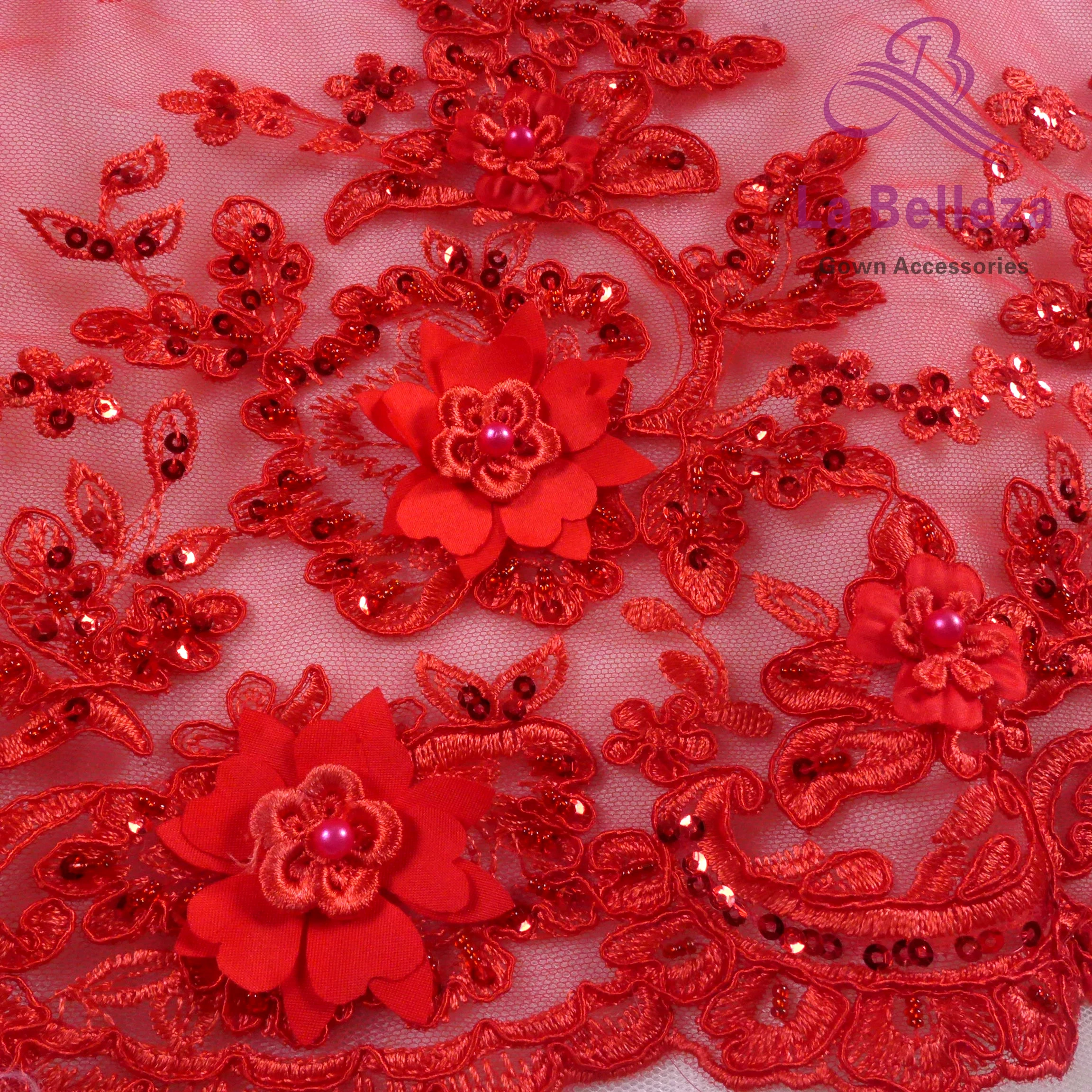 La Belleza handmade BLue,red 3D flowers/beaded wedding/evening dress lace fabric 49\'\' width 1 yard