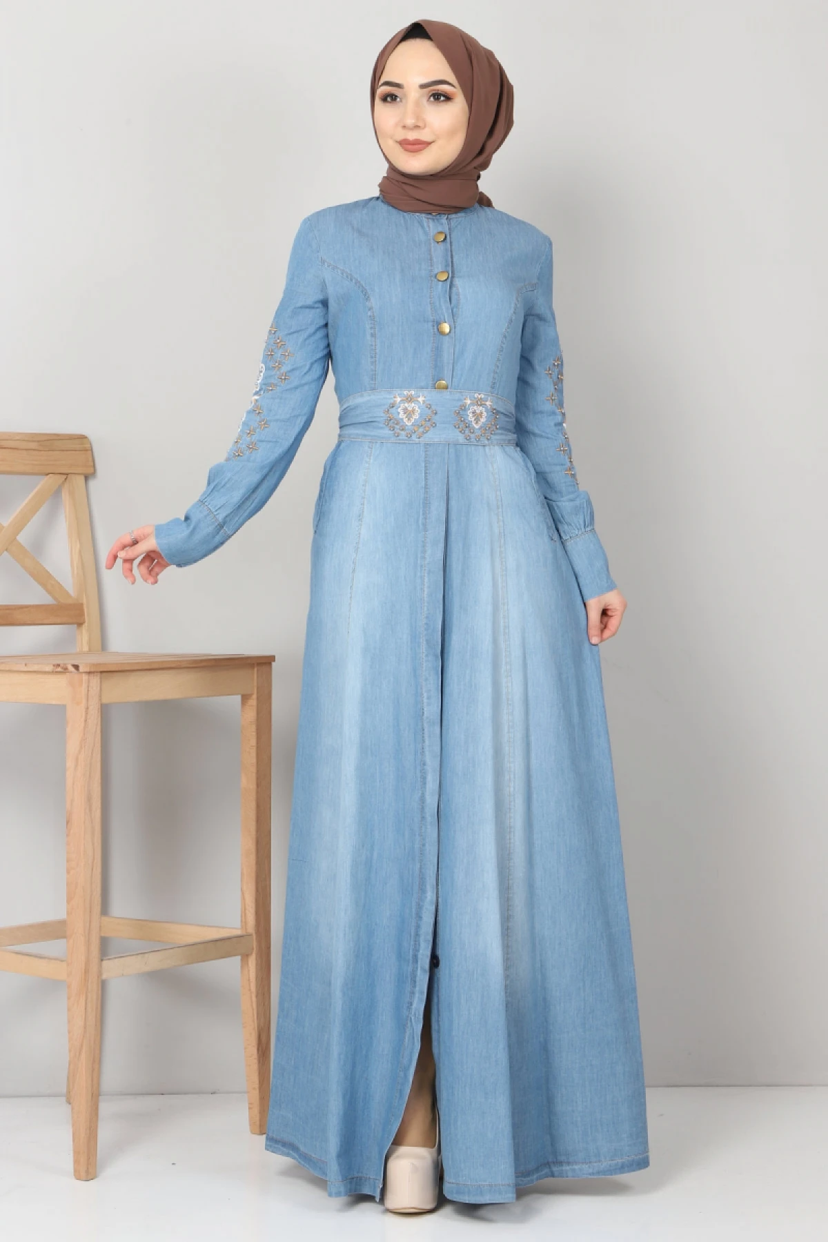 Nakışı Pearl Detailed Jeans FeraceDark Hole Button Arched Handle Handle Denim Dress Dark Blue muslim long dress women Dubai turkish