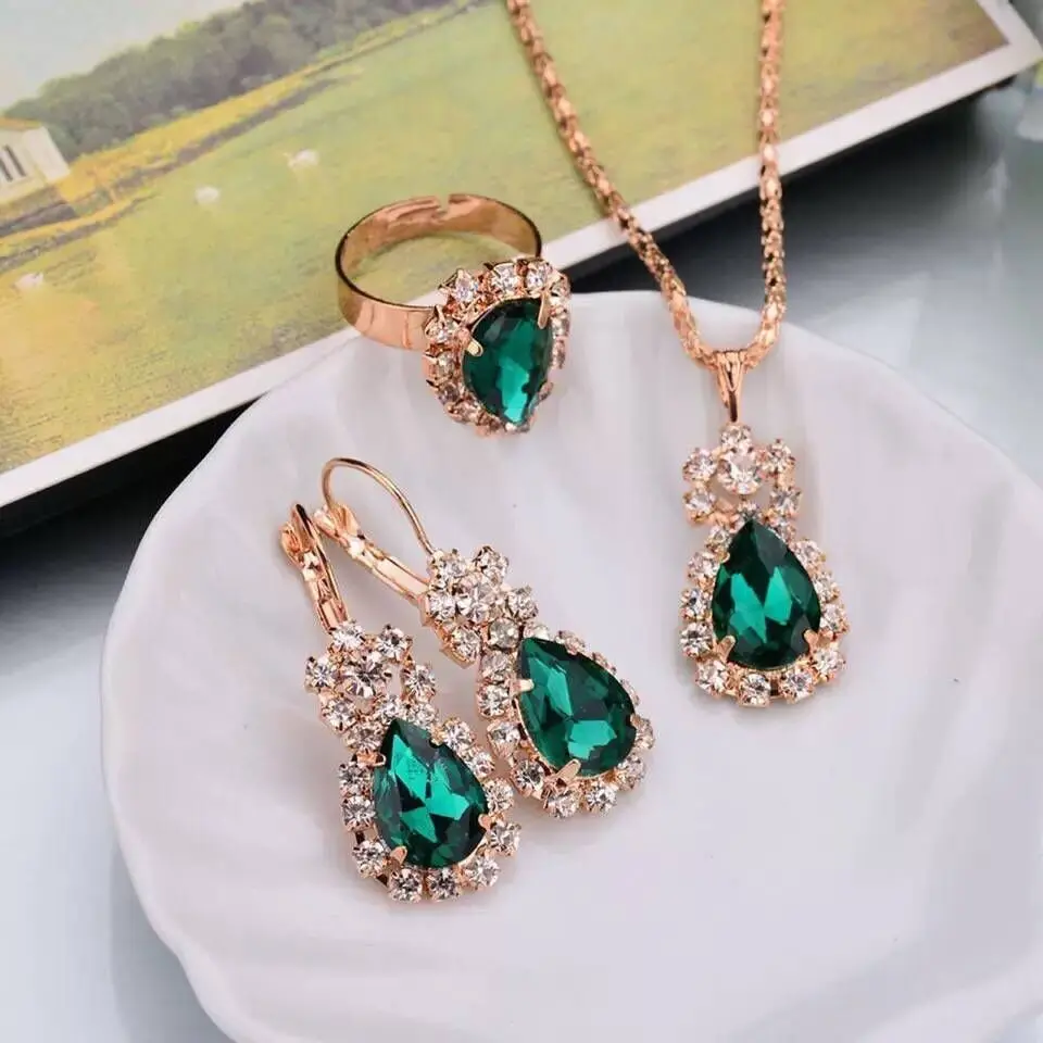 Fashion Income European and American Jewelry Pendants Earrings Ring Sets Fashion Bridal Decoration Colorful Three Piece Gifts