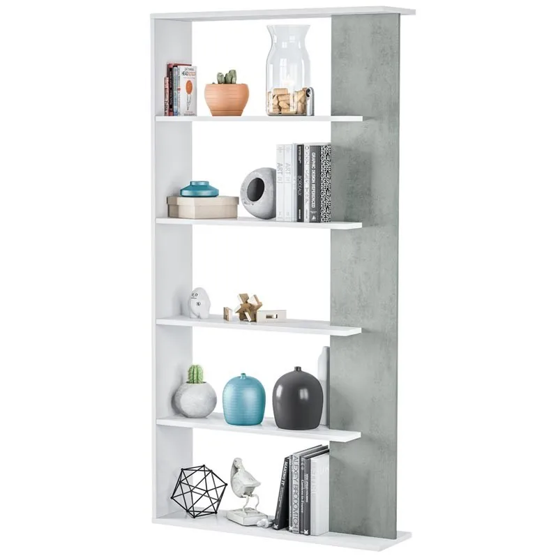 5 shelves shelf, living room bookcase, measures: 90x180x25 cm deep (Artik White and cement gray)