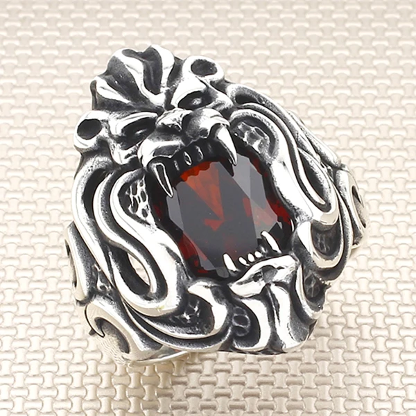 

Animal Lion Silver Ring With Red Zircon Stone Men Silver Ring Made In Turkey Solid 925 Sterling Silver