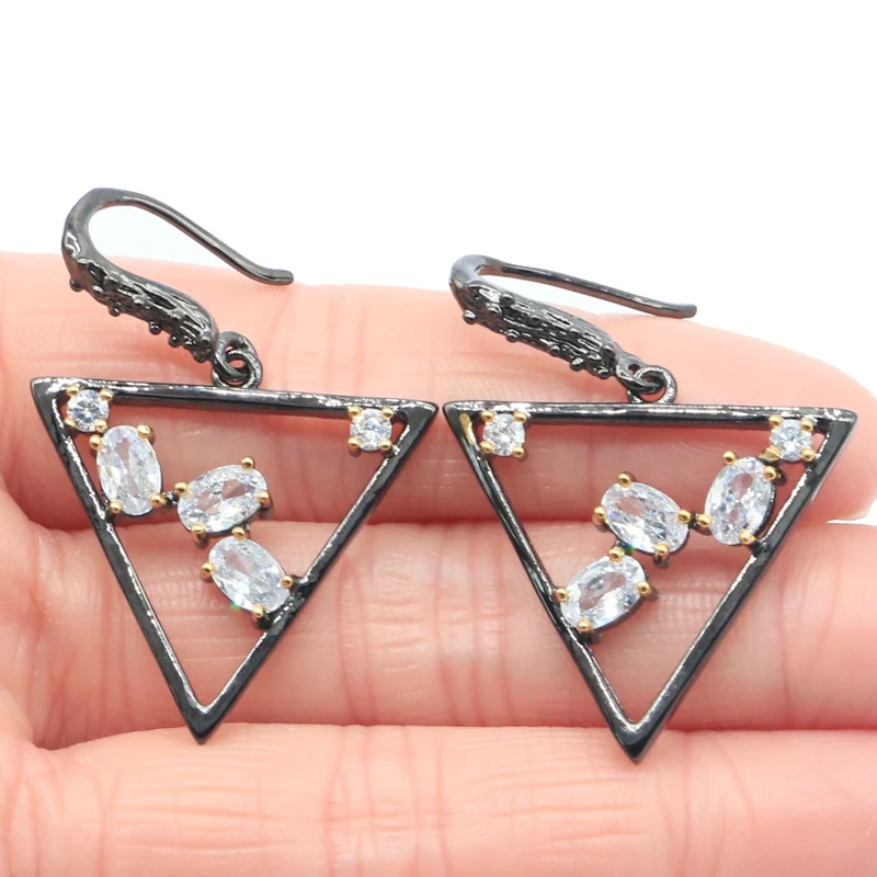 40x28mm Unique Vinitage Trangle Jewelry Set Gothic Created White Bright Cubic Zircon Black Gold Silver Pendant Earrings