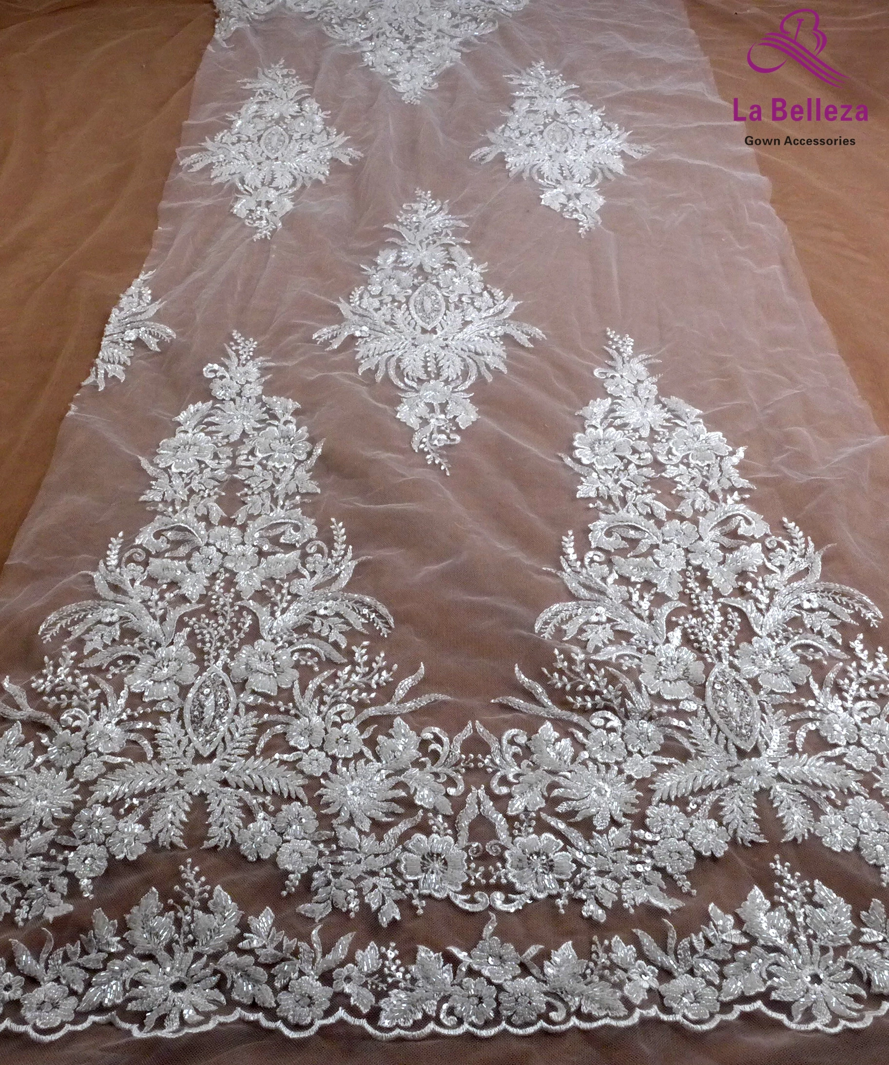 1 yard white bridal fabric, sequins beads embroidery wedding dress lace fabric,two side patterns gown lace,ivory gown lace