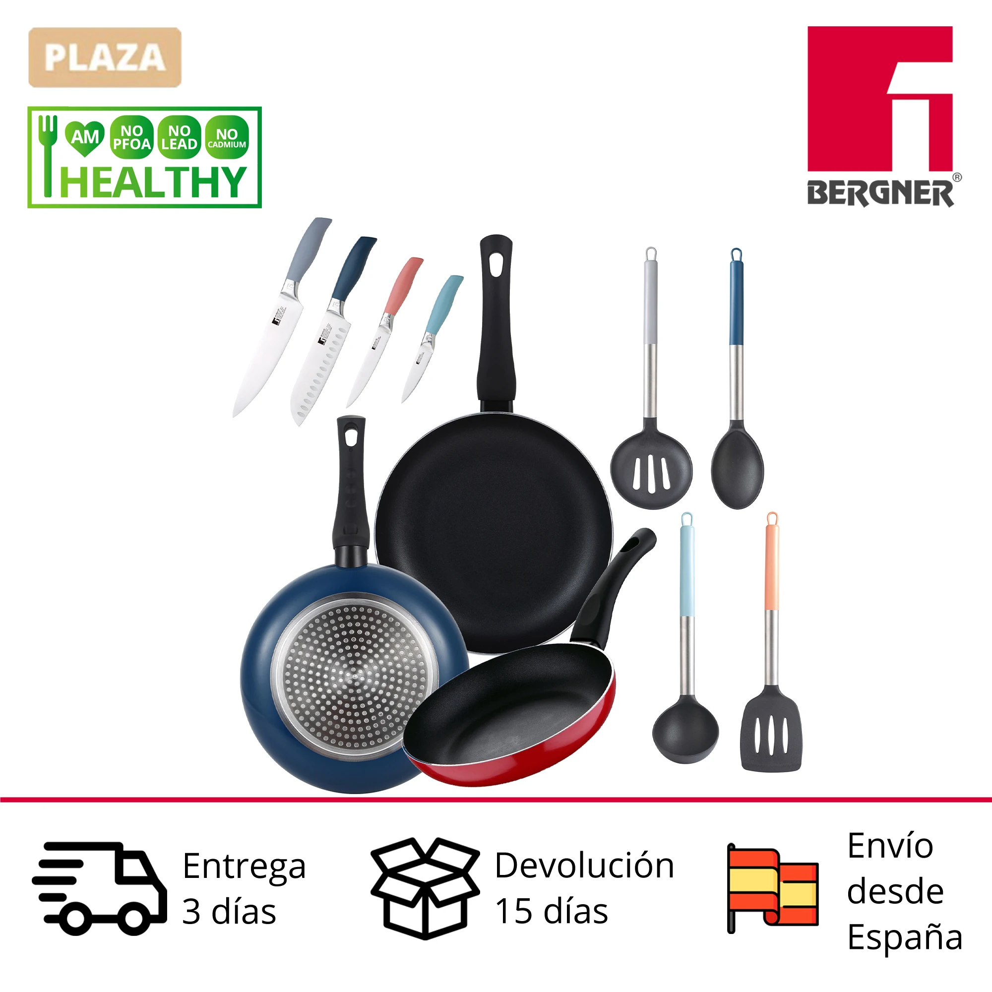 Set of BERGNER Jumpy pans made of pressed aluminium (20/24/28cm) with 4 kitchen utensils and a set of knives