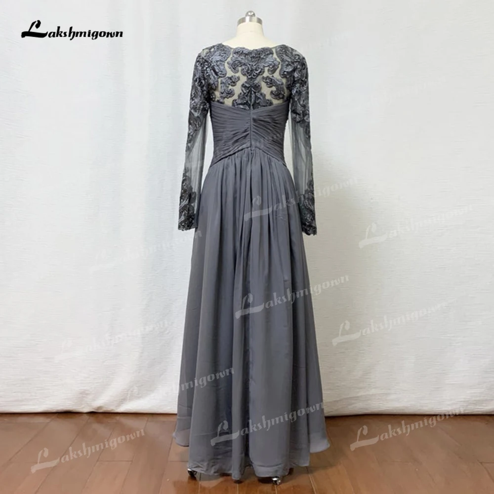 Elegante mãe dos vestidos de noiva assimétrico carvão cinza renda chiffon com mangas compridas vestido mae da noite