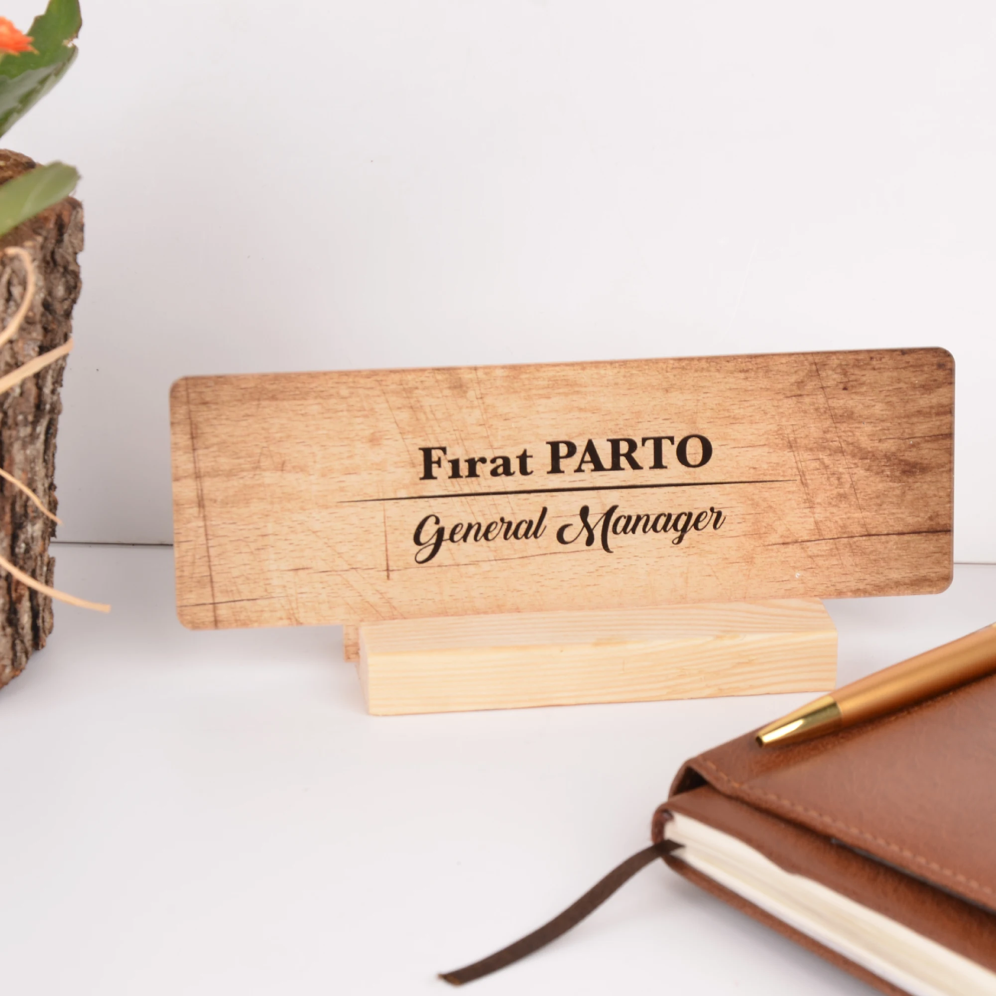 Custom Name Tag Table Sign Nameplate Business Logo Title Position UV Print With Your Text Wood Foot Holder