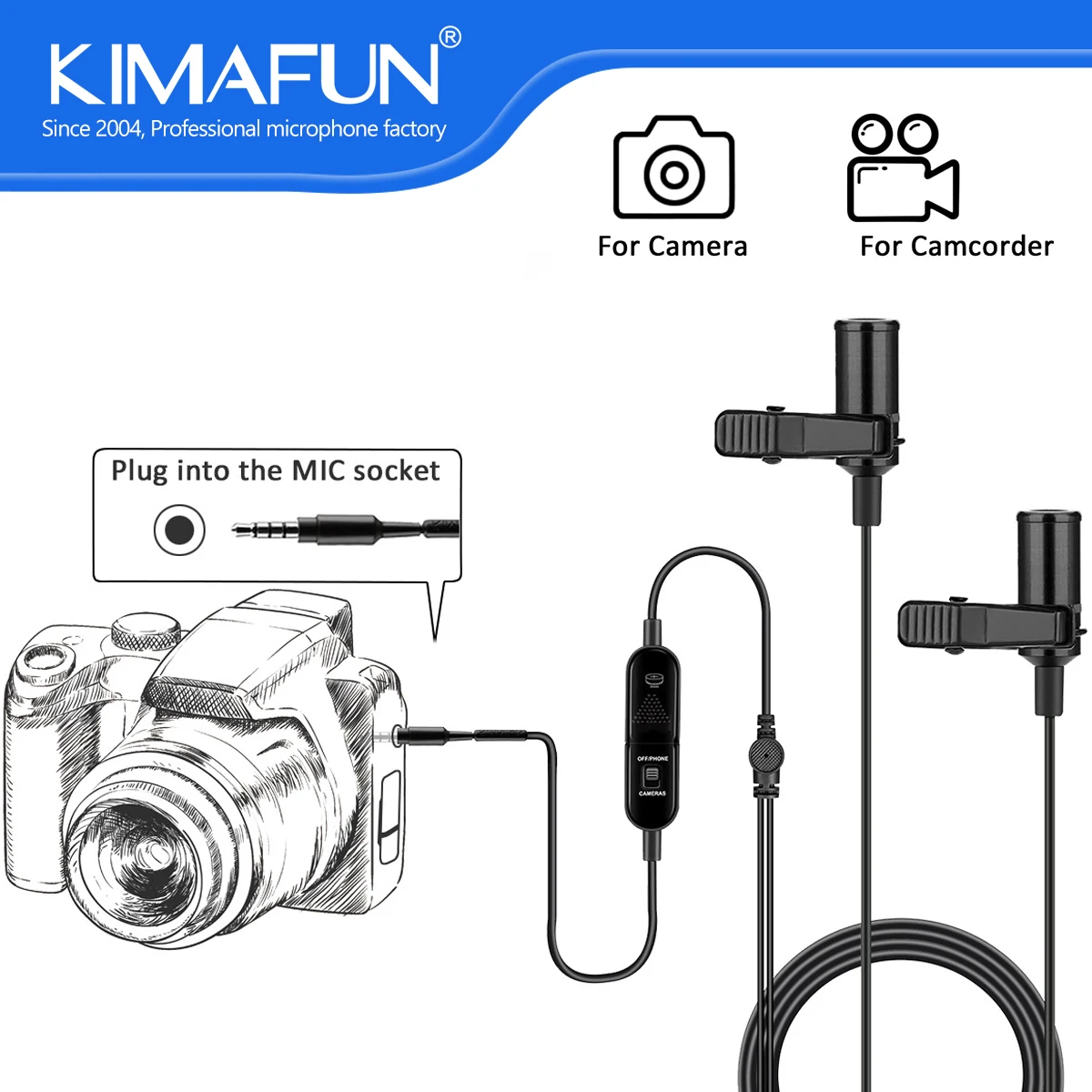 KIMAFUN Portable Mini Wired Dual Lavalier Microphone for Camera DSLR Phone Computer Laptop Clip-on Lapel Collar Condenser Mic