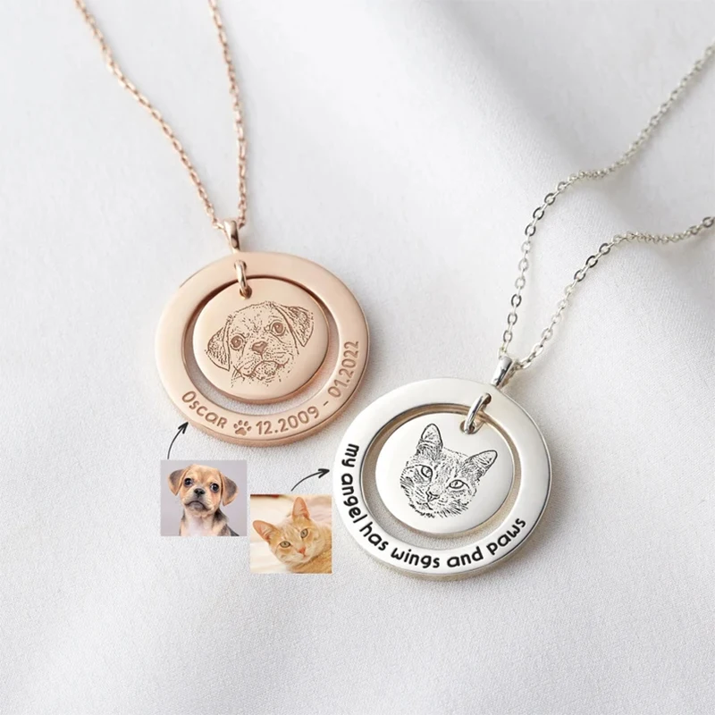 Custom Pet Portrait Necklace Dog Memorial Pendant Custom Name Photo Necklaces For Women Pet Lover Cat Gold Pets Jewelry Gift