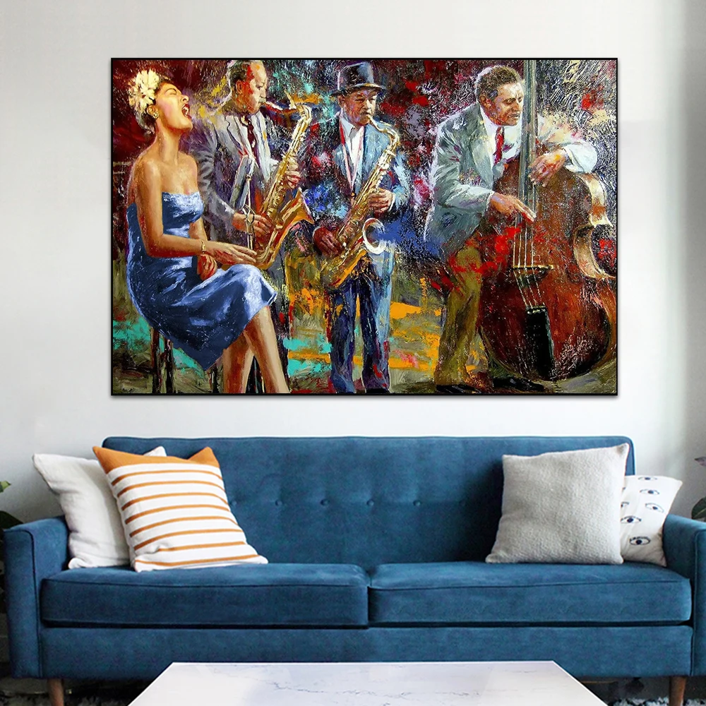 

Colorful Classic Canvas Painting Music Jazz Band Wall Art Posters Female Singer In Blue Dress Musical Prints Artwork Living Room