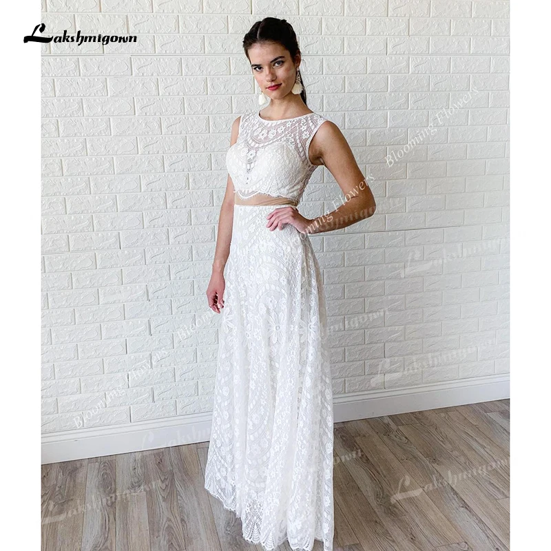 Boho Hochzeit Hosenanzüge 2022 Böhmischen Strand Spitze Braut Overall 2-Stück Tasten Zurück Breite Bein Hosen Ärmel Crop top