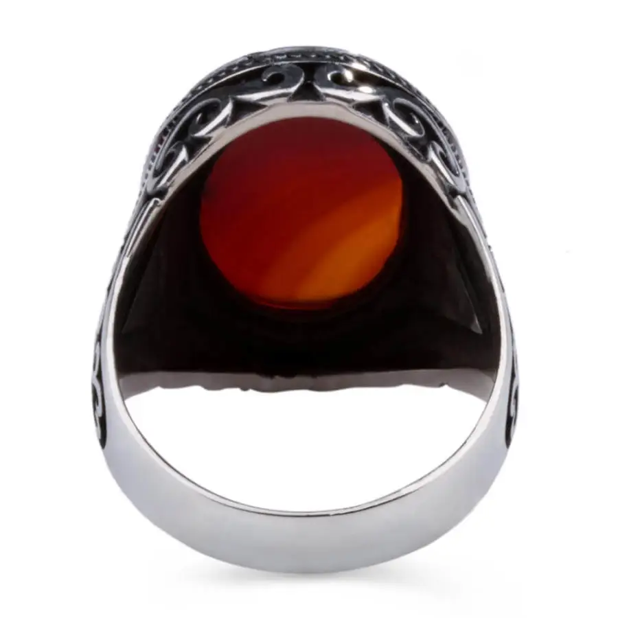 Oval Shaped Sterling Silver Mens Ring with Burgundy Agate Stone Fashion Turkish Premium Quality Handmade Jawelery