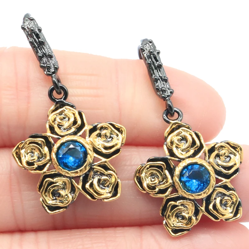 Buy 3 get 1 free 37x20mm Unique Jewelry Set Gothic Flowers  Paris Blue Topaz Violet Tanzanite Black Gold Silver Pendant Earrings