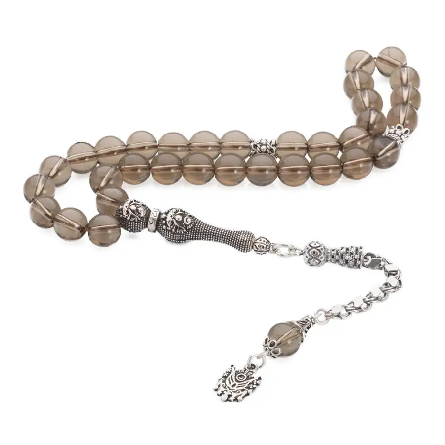 

Silver Brown Quartz Gemstone Prayer Rosary Men Sphere Cut Rosary With Silver Tassel Turkish Tasbih Ottoman Coat of Arms Tassel