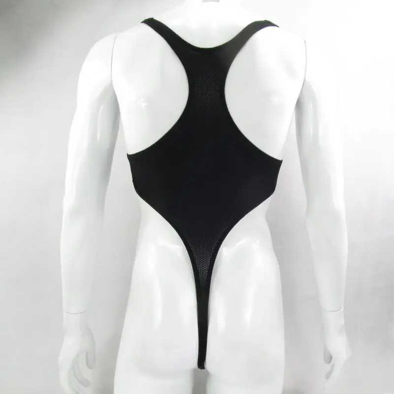 G428D Mens bodysuit Thong Leotard Racer Back Nylon spandex slightly C-thru honeycomb mesh