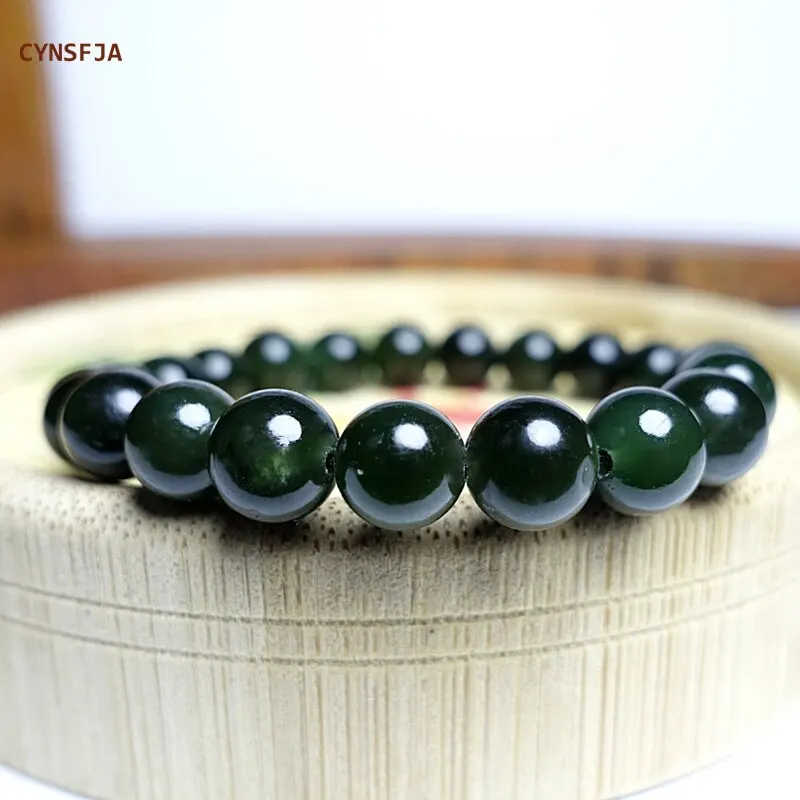 

CYNSFJA New Real Certified Natural Hetian Jasper Nephrite Unisex Lucky Jade Bracelets Dark 8mm Green High Quality Birthday Gifts