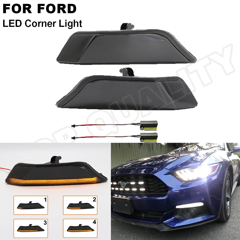 2Pcs For 2015 2016 2017 Ford Mustang Amber+White Front LED Dynamic DRL Turn Signal Sequential Indicator Light  Corner Lamp