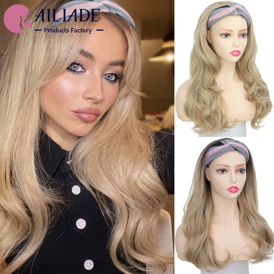 

AILIADE Synthetic Long Wavy Curly Headband Wig Female Ombre Black Blonde Cosplay Natural Heat Resistant Half Hair Wig for Women