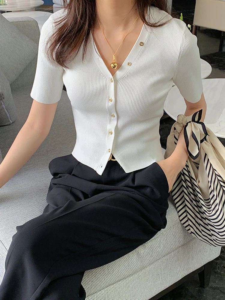 Single Breasted V Neck Short Knitwear With Button Women Retro Summer Short Sleeve Knit Cardigan Thin Crop Top B-037