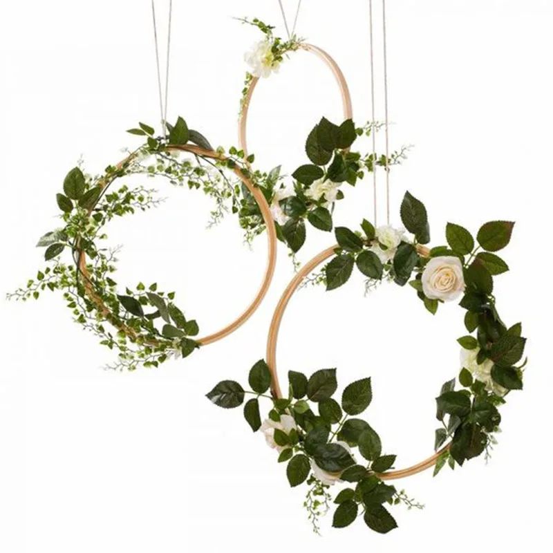 10-29cm Bamboo Ring Home decor Artificial Rose Flower Portable circle Wood Hoop garland Rustic Wedding decoration Hanging Wreath