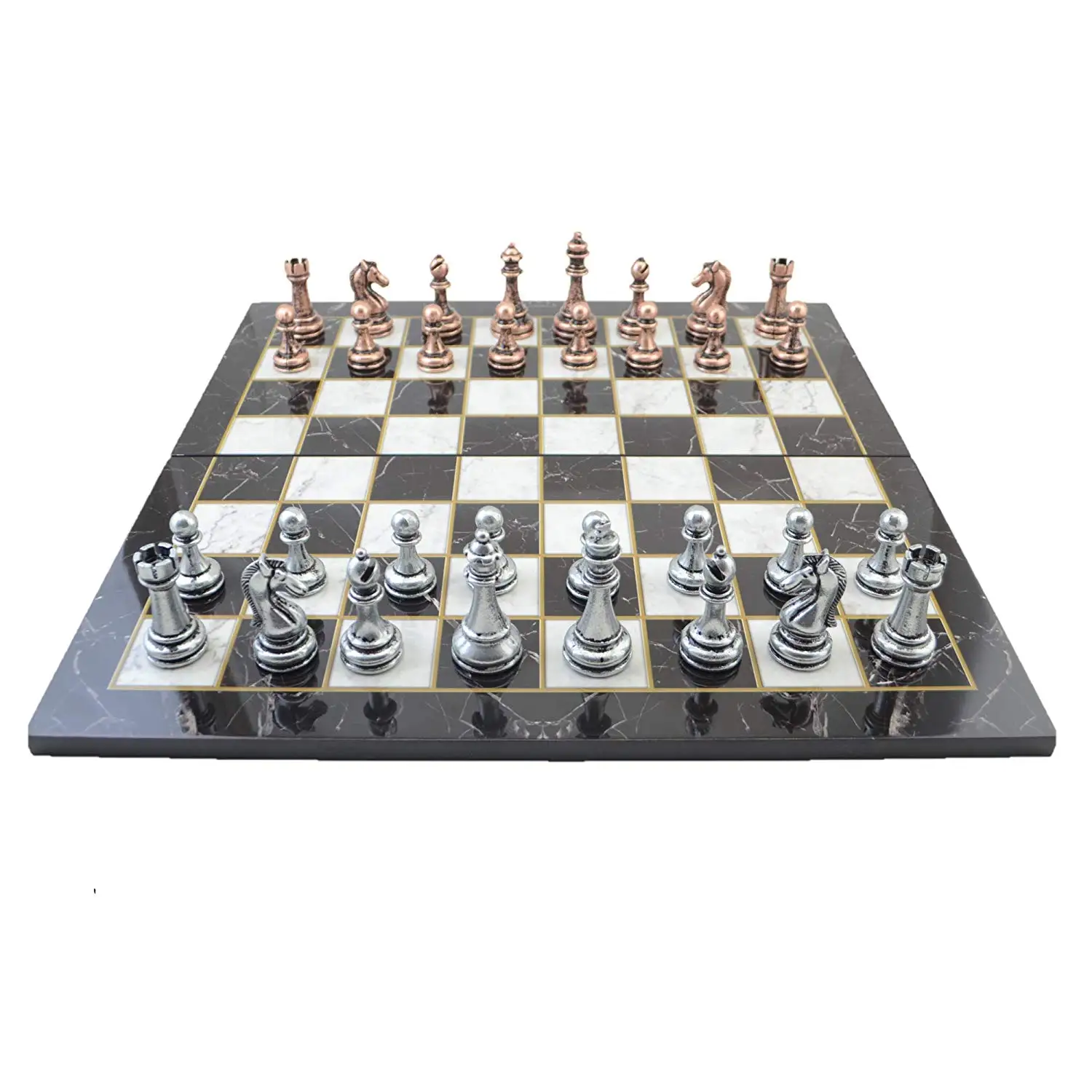 

Classic Antique Copper Chess Set for Adult, Handmade Pieces and Marble Design Wood Chess Board King 7 cm