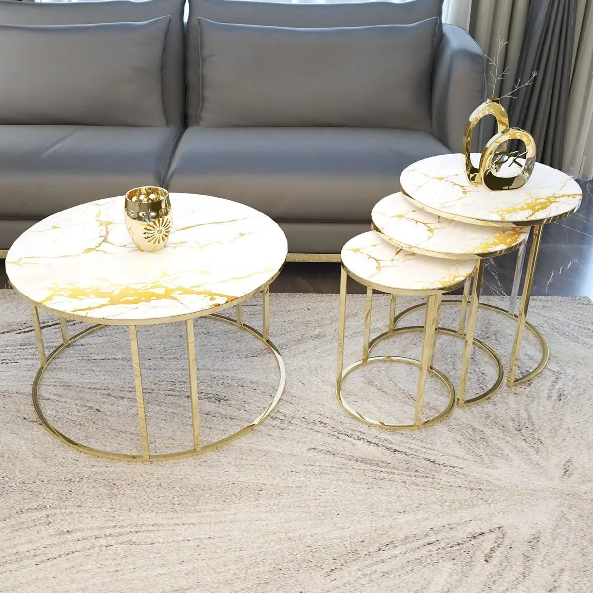 Home Decoration Unbreakable Glass 3 Piece Zigon Coffee Coffee Table (Marble Patterned) Metal Decapod Elegant Design