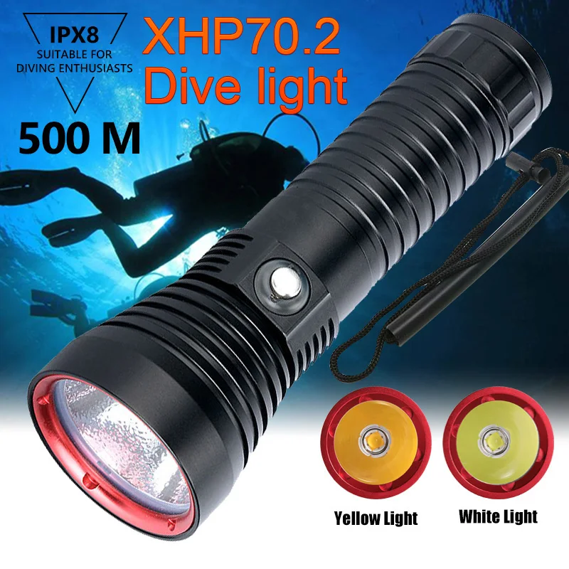 15000000LM Powerful IPX8 Waterproof Scuba XHP70.2 Diving Flashlight Yellow/White Light Underwater Dive Torch by 26650 Battery