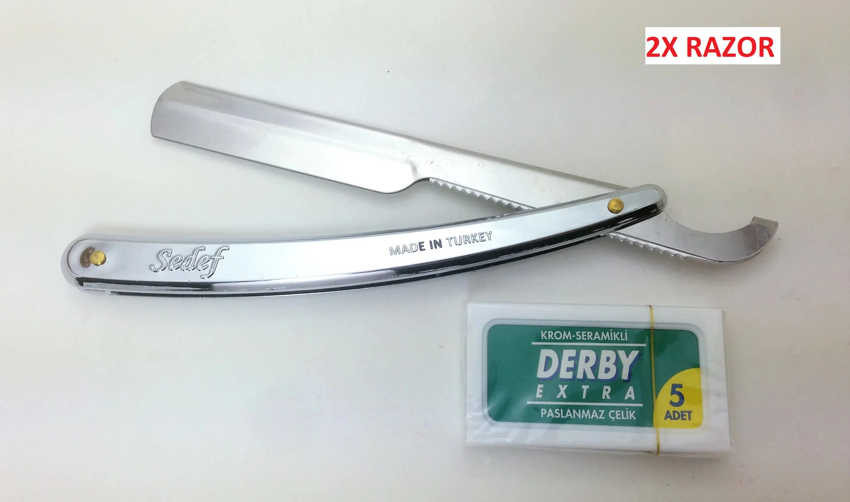 

Chrome coated straight 1x razor +5 gift derby double edge blades- light weight.