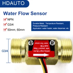 Miedziany czujnik przepływu wody NPN hala wyjściowa precyzyjny przepływomierz turbinowy 6 punktów G3/4 50MM 60MM rura miedziany przepływomierz turbinowy
