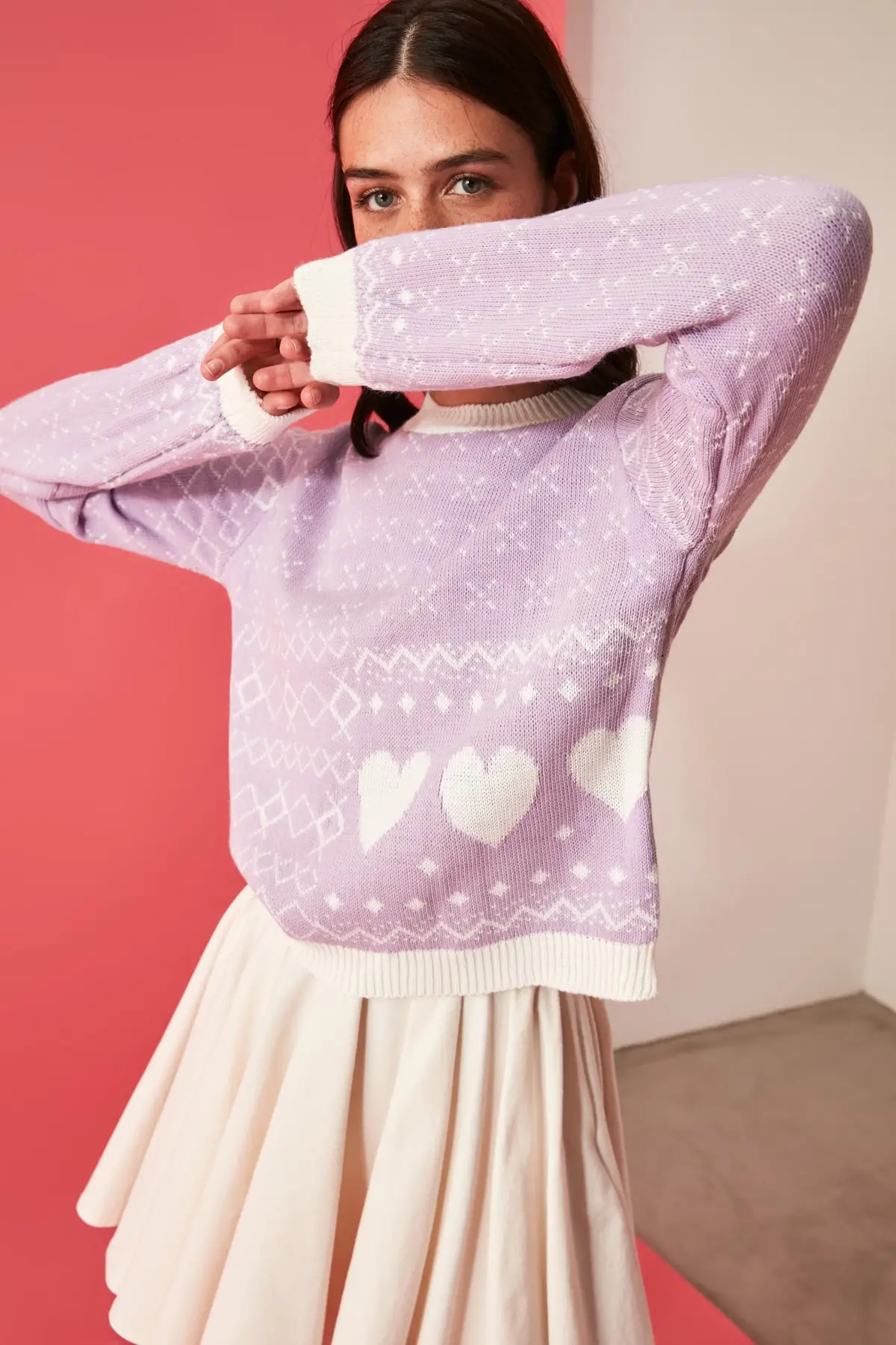 Lilac White Heart Pattern Jacquard Knitwear Sweater